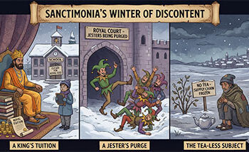 Sanctimonia Tales: Sanctimonia’s Winter of Discontent: A King’s Tuition, A Jester’s Purge, and the Tea-Less Subject