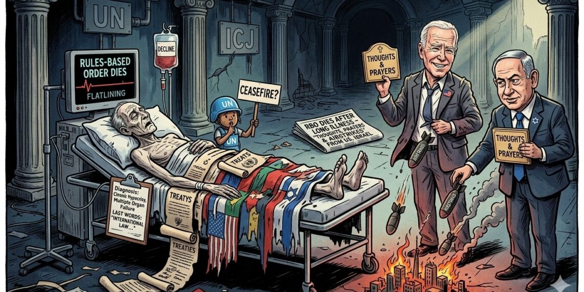 Breaking: “Rules-Based Order” Dies After Long Illness, US-Israel Offer Thoughts, Prayers and Airstrikes